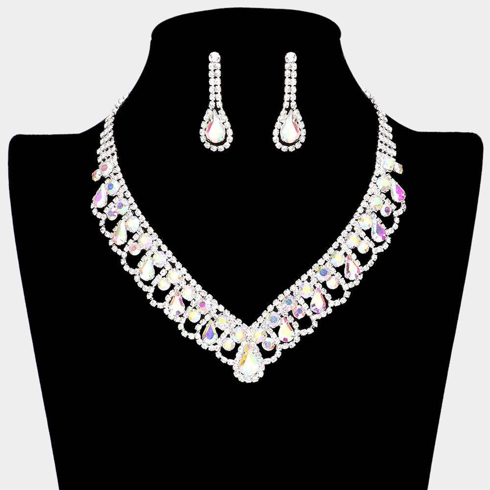 Round Teardrop Stone V Shaped Rhinestone Necklace - Madeline Love - Flyclothing LLC