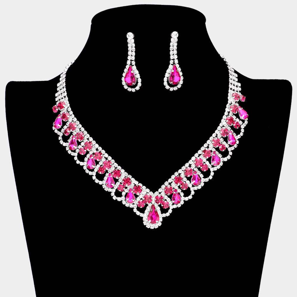 Round Teardrop Stone V Shaped Rhinestone Necklace - Madeline Love - Flyclothing LLC