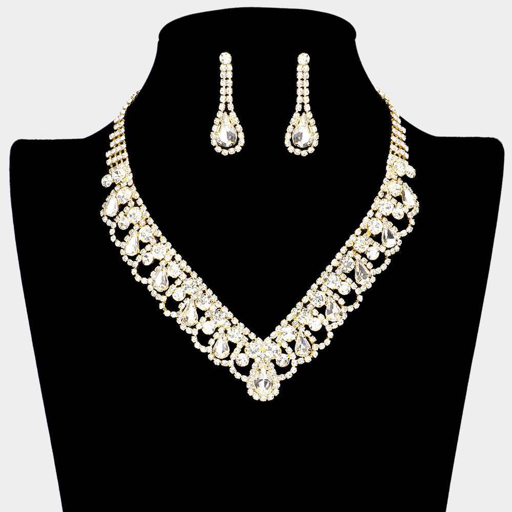 Round Teardrop Stone V Shaped Rhinestone Necklace - Madeline Love - Flyclothing LLC