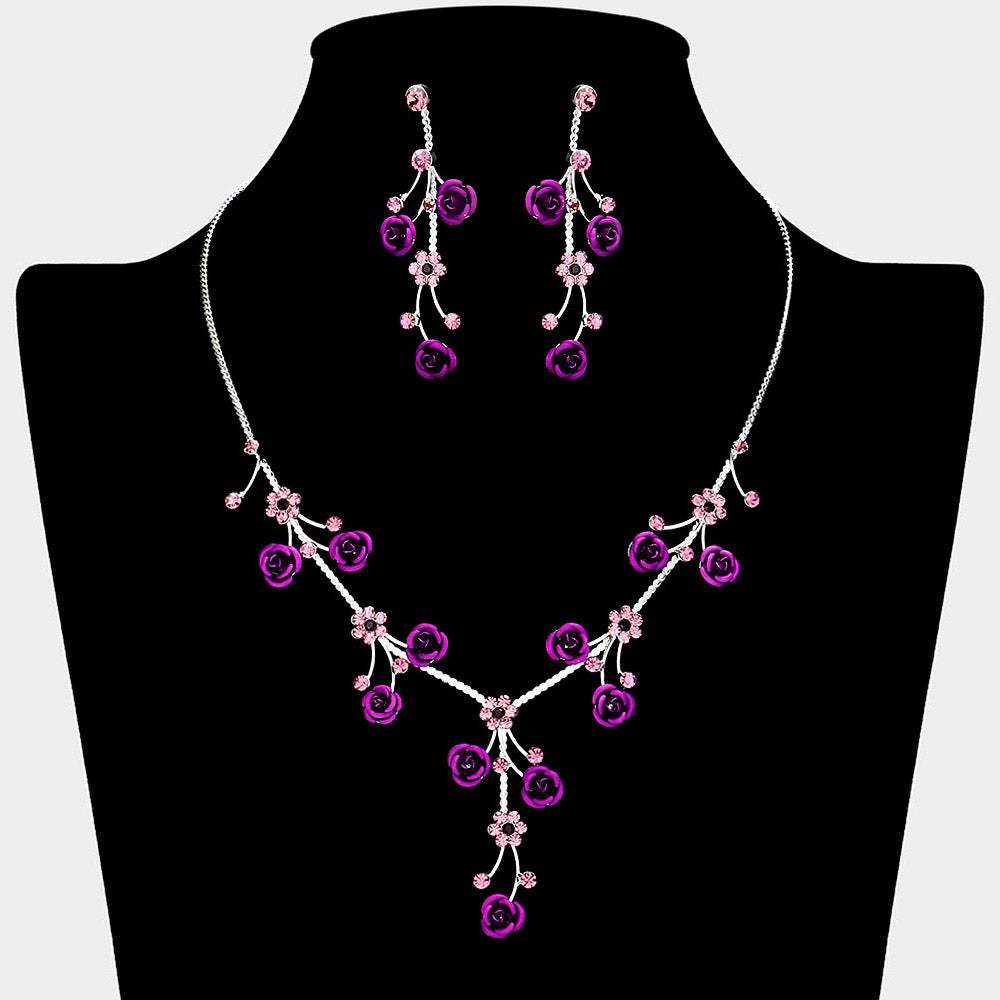 Rhinestone Embellished Rose Flower Cluster Vine Necklace - Madeline Love - Flyclothing LLC