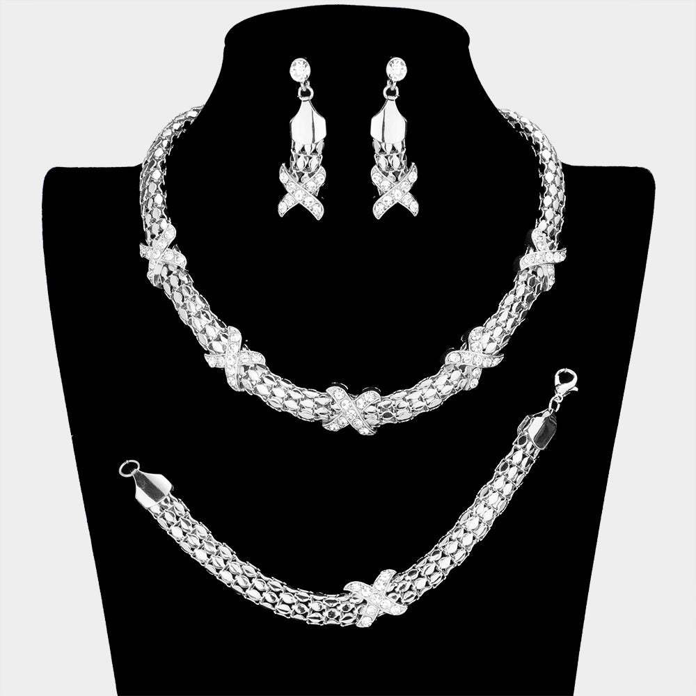 3-PCS Crossed Rhinestone Necklace Jewelry Set - Madeline Love - Flyclothing LLC