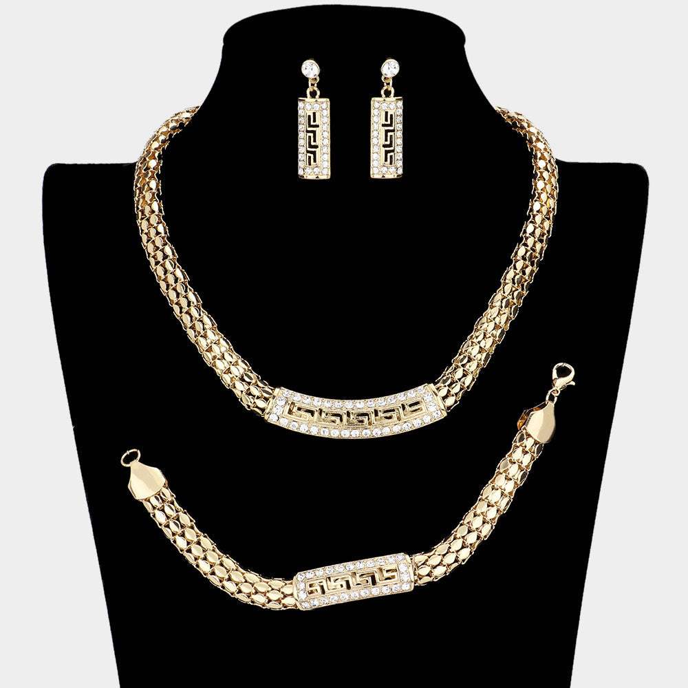 3PCS - Greek Pattern Rhinestone Pave Pendant Accented Mesh Metal Chain Necklace Set - Madeline Love - Flyclothing LLC