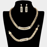 3PCS - Greek Pattern Rhinestone Pave Pendant Accented Mesh Metal Chain Necklace Set - Madeline Love - Flyclothing LLC
