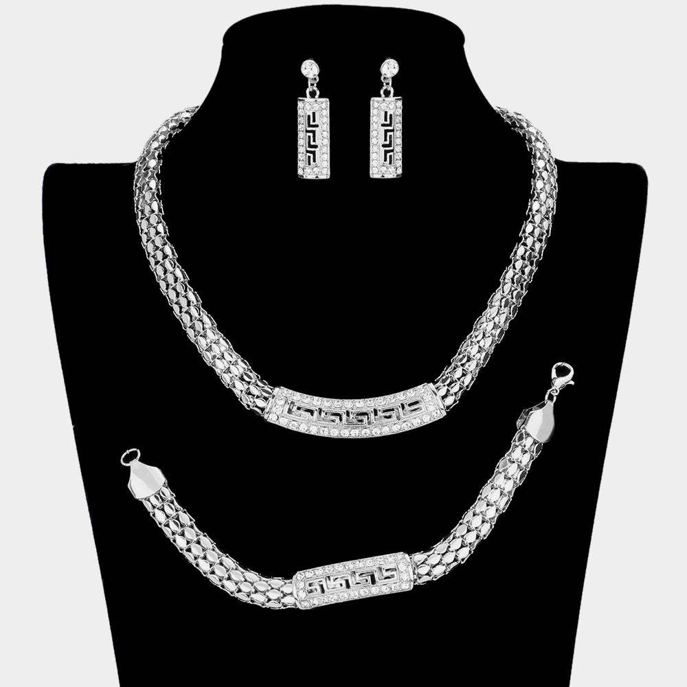 3PCS - Greek Pattern Rhinestone Pave Pendant Accented Mesh Metal Chain Necklace Set - Madeline Love - Flyclothing LLC
