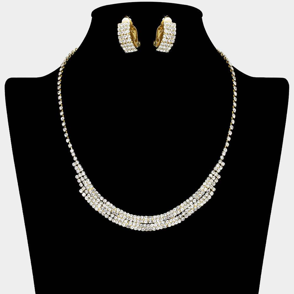 Rhinestone Paved Collar Necklace Clip on Earring Set - Madeline Love - Flyclothing LLC