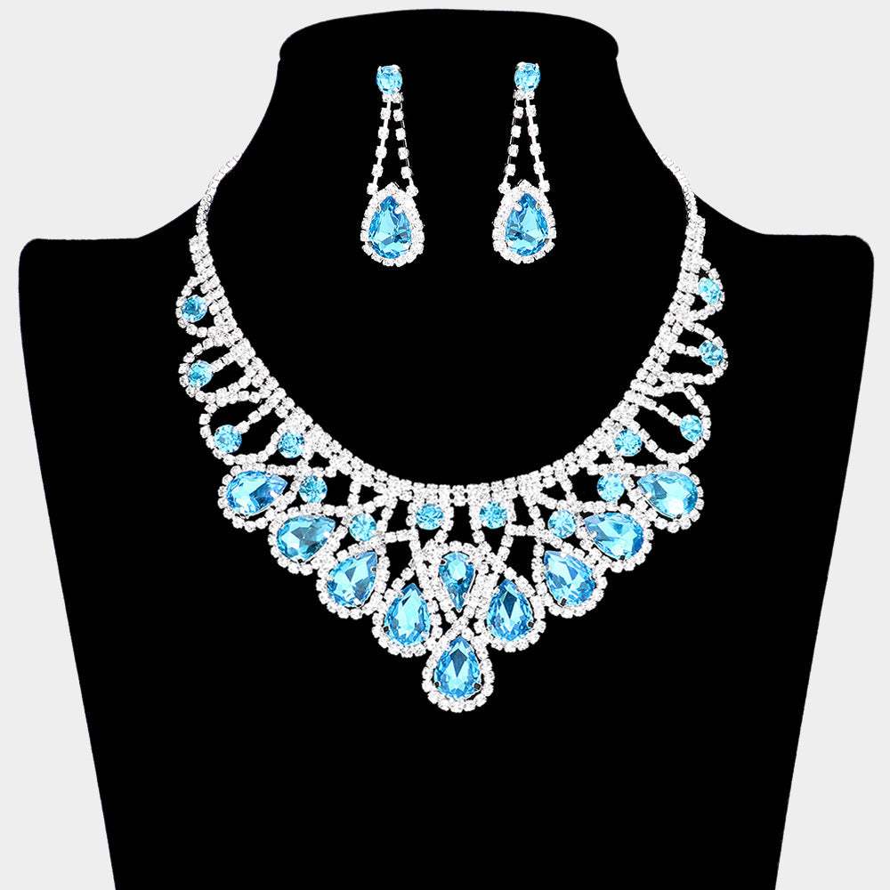 Crystal Teardrop Rhinestone Pave Evening Necklace - Madeline Love - Flyclothing LLC