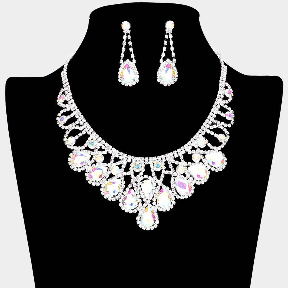 Crystal Teardrop Rhinestone Pave Evening Necklace - Madeline Love - Flyclothing LLC