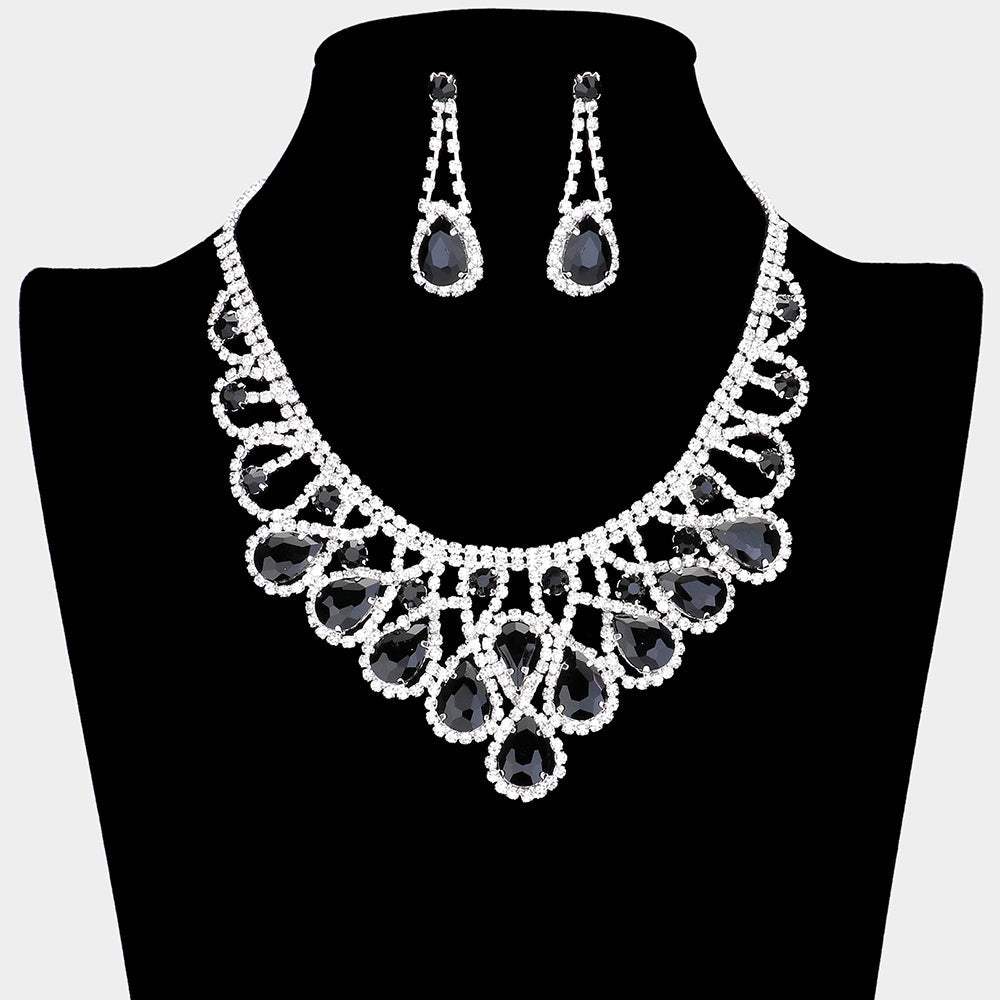 Crystal Teardrop Rhinestone Pave Evening Necklace - Madeline Love - Flyclothing LLC