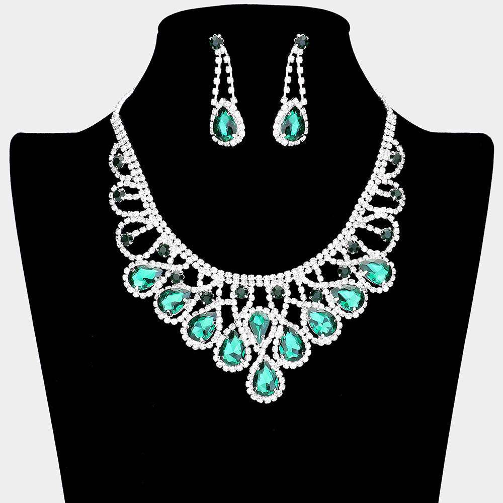 Crystal Teardrop Rhinestone Pave Evening Necklace - Madeline Love - Flyclothing LLC