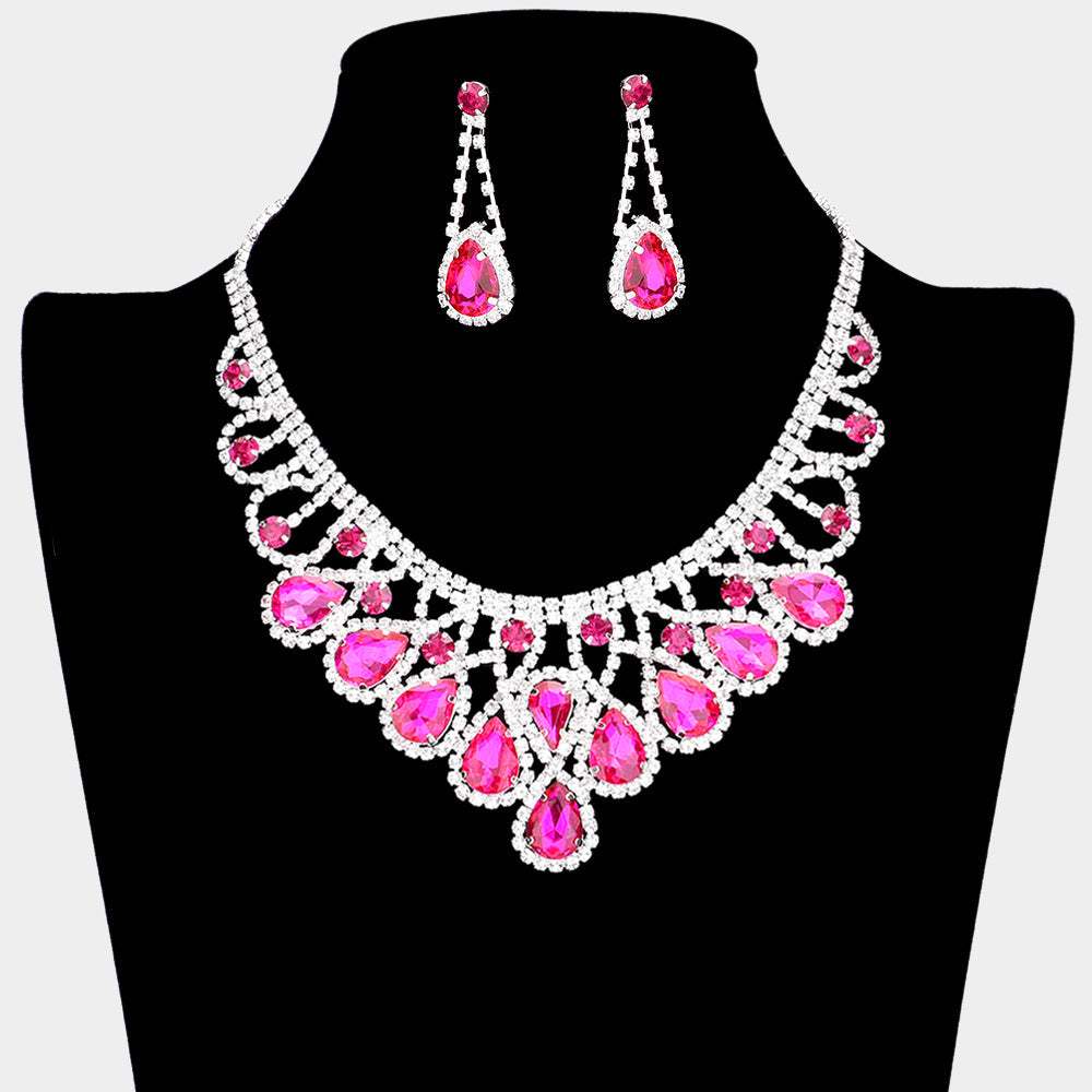 Crystal Teardrop Rhinestone Pave Evening Necklace - Madeline Love - Flyclothing LLC