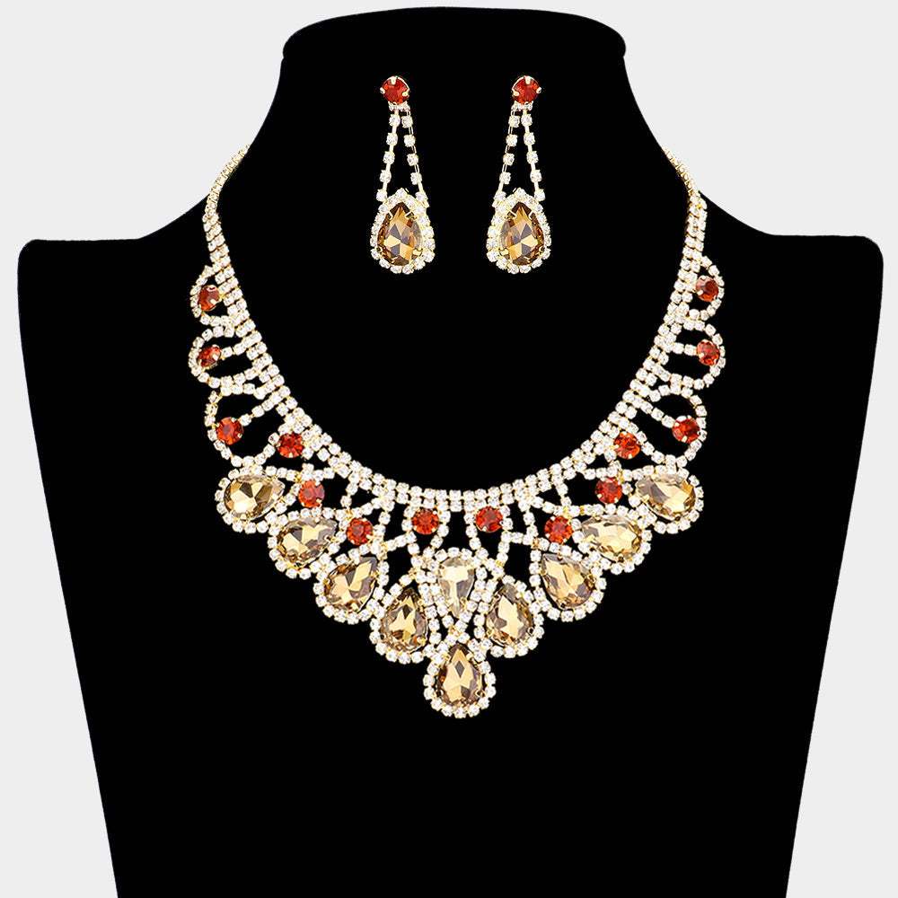 Crystal Teardrop Rhinestone Pave Evening Necklace - Madeline Love - Flyclothing LLC