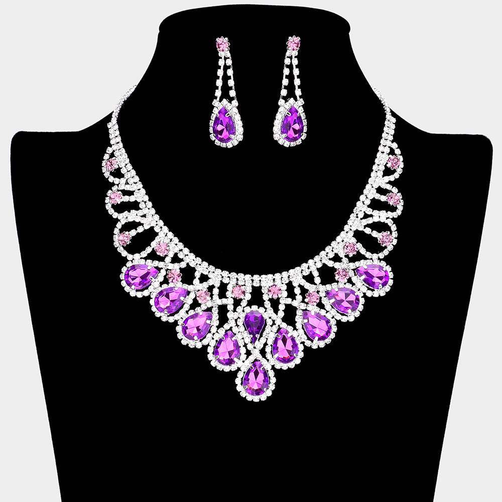 Crystal Teardrop Rhinestone Pave Evening Necklace - Madeline Love - Flyclothing LLC