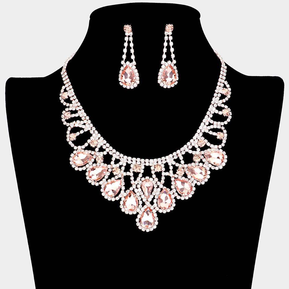 Crystal Teardrop Rhinestone Pave Evening Necklace - Madeline Love - Flyclothing LLC
