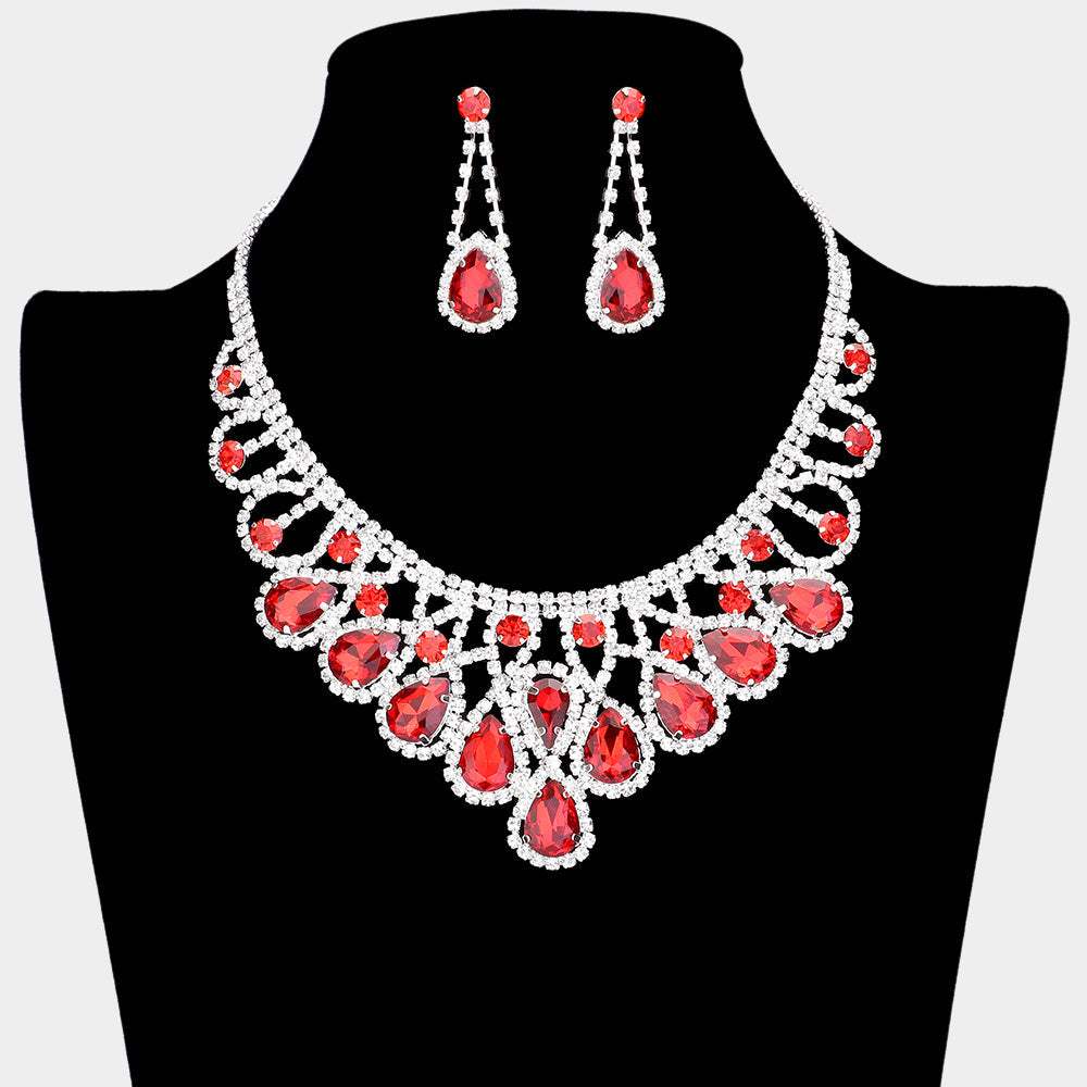 Crystal Teardrop Rhinestone Pave Evening Necklace - Madeline Love - Flyclothing LLC