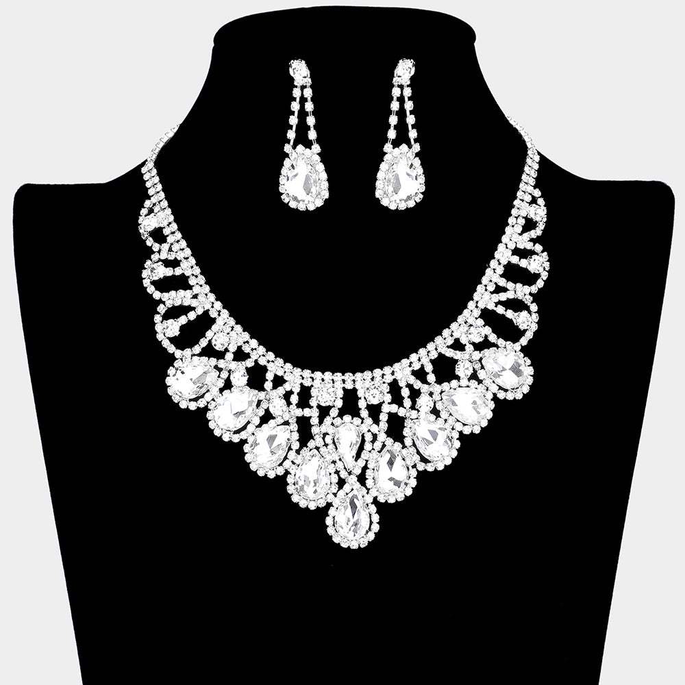 Crystal Teardrop Rhinestone Pave Evening Necklace - Madeline Love - Flyclothing LLC