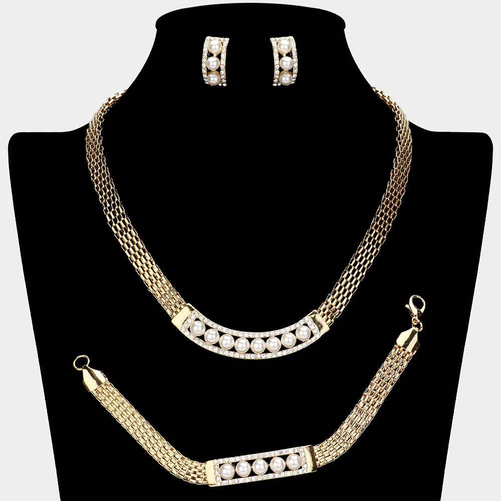 Pearl Pointed Bar Crystal Rhinestone Necklace Jewelry Set - Madeline Love - Flyclothing LLC