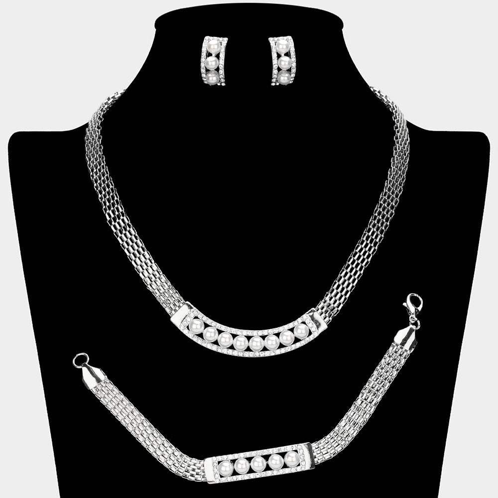 Pearl Pointed Bar Crystal Rhinestone Necklace Jewelry Set - Madeline Love - Flyclothing LLC