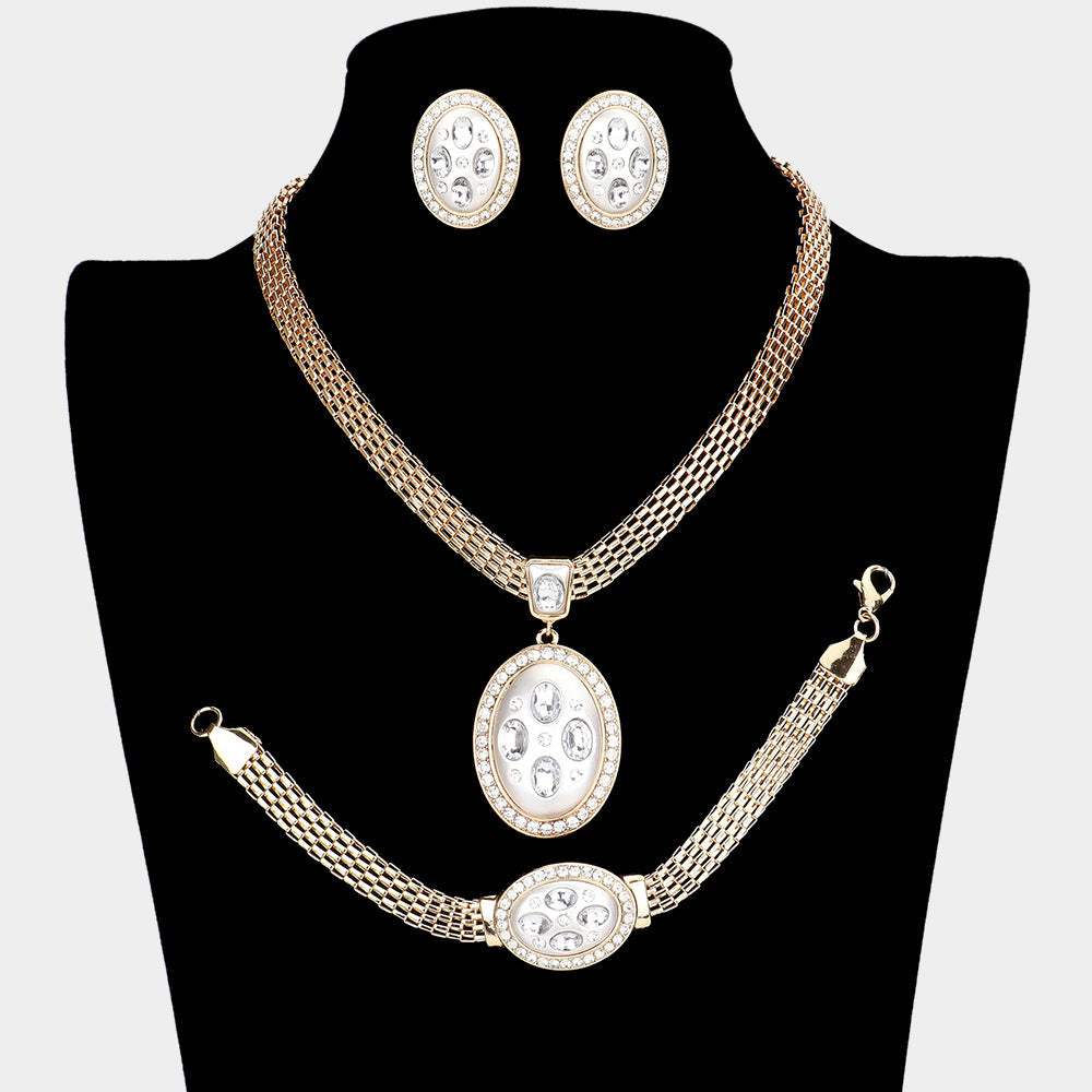 Marquise Rhinestone Trim Oval Dangle Necklace Jewelry Set - Madeline Love - Flyclothing LLC