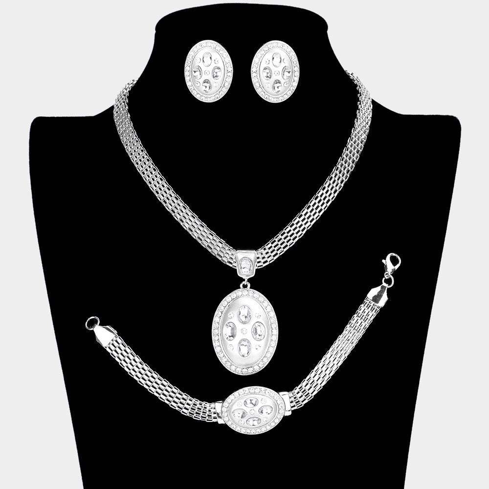 Marquise Rhinestone Trim Oval Dangle Necklace Jewelry Set - Madeline Love - Flyclothing LLC
