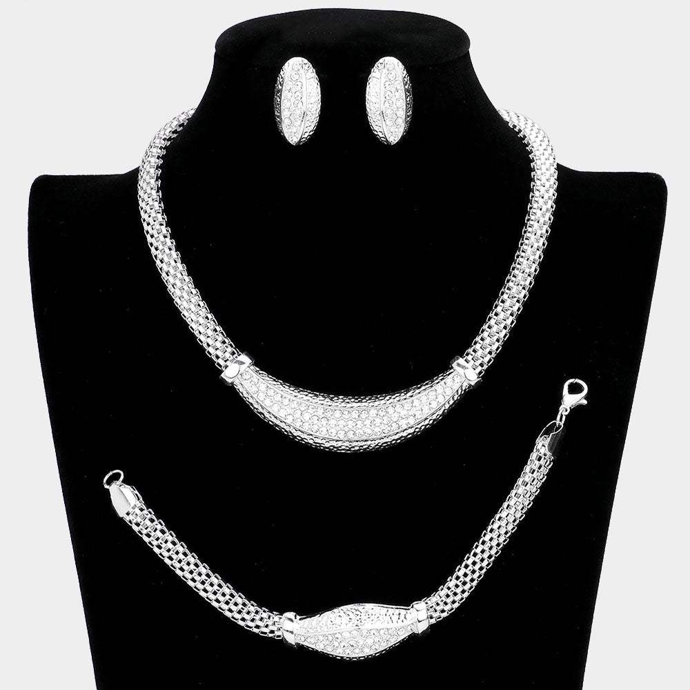 3PCS - Crystal Rhinestone Pave Mesh Metal Necklace Jewelry Set - Madeline Love - Flyclothing LLC