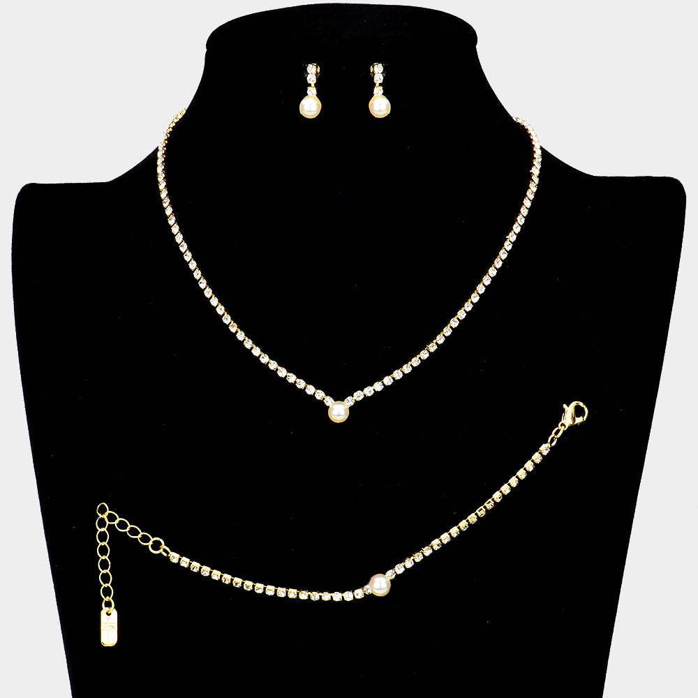3PCS - Pearl Accented Rhinestone Necklace Jewelry Set - Madeline Love - Flyclothing LLC