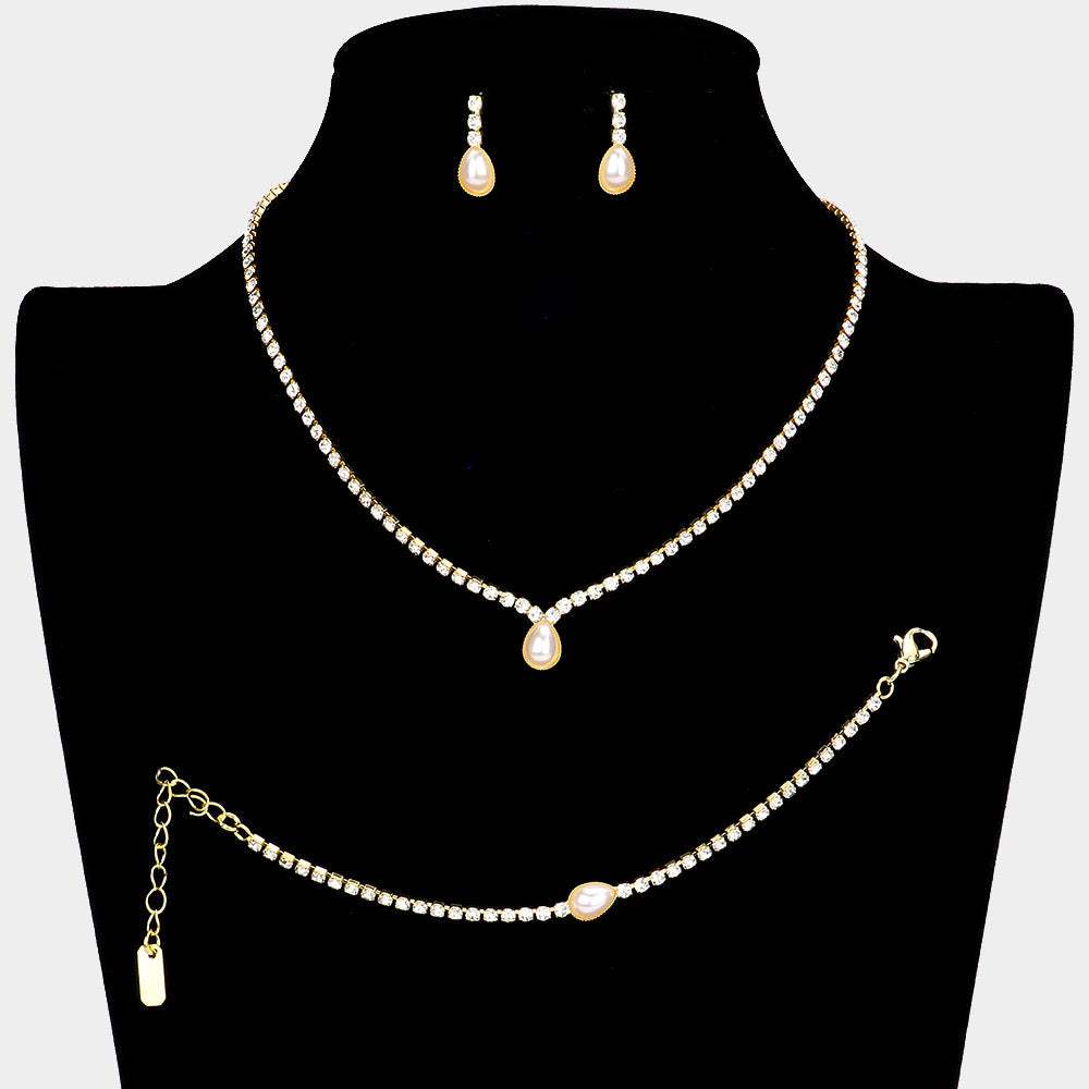 3PCS Teardrop Pearl Accented Rhinestone Necklace Jewelry Set - Madeline Love - Flyclothing LLC