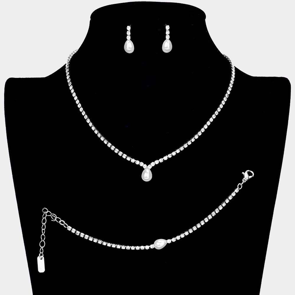 3PCS Teardrop Pearl Accented Rhinestone Necklace Jewelry Set - Madeline Love - Flyclothing LLC
