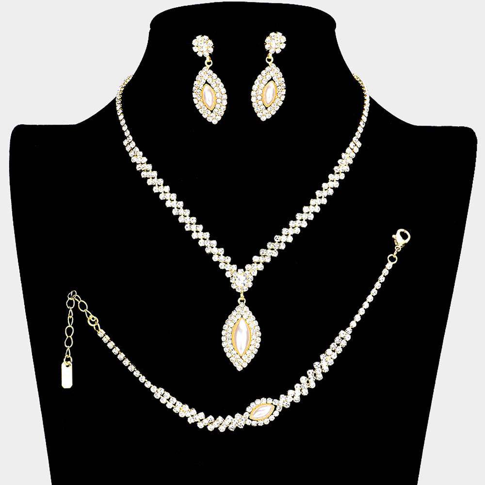 3PCS - Crystal Rhinestone Oval Pearl Dangle Necklace Jewelry Set - Madeline Love - Flyclothing LLC
