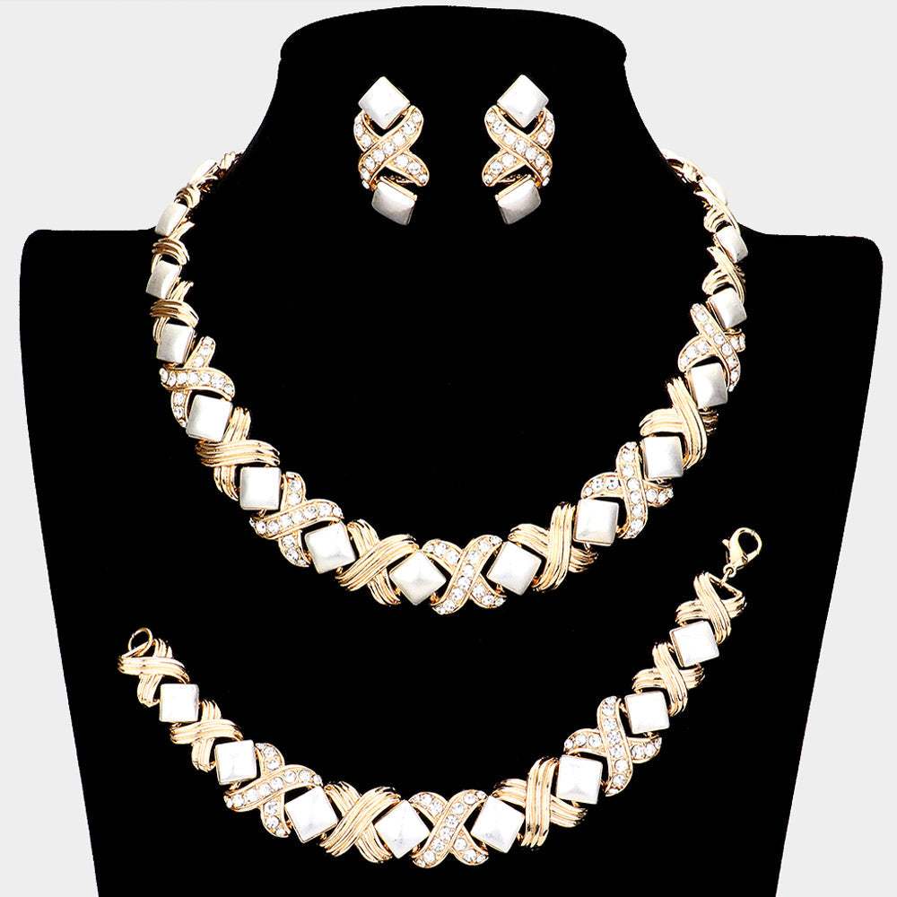 3PCS Pave Crystal Rhinestone Crisscross Necklace Jewelry Set - Madeline Love - Flyclothing LLC