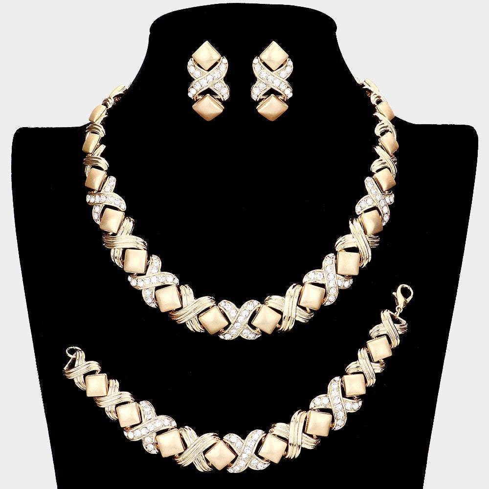 3PCS Pave Crystal Rhinestone Crisscross Necklace Jewelry Set - Madeline Love - Flyclothing LLC