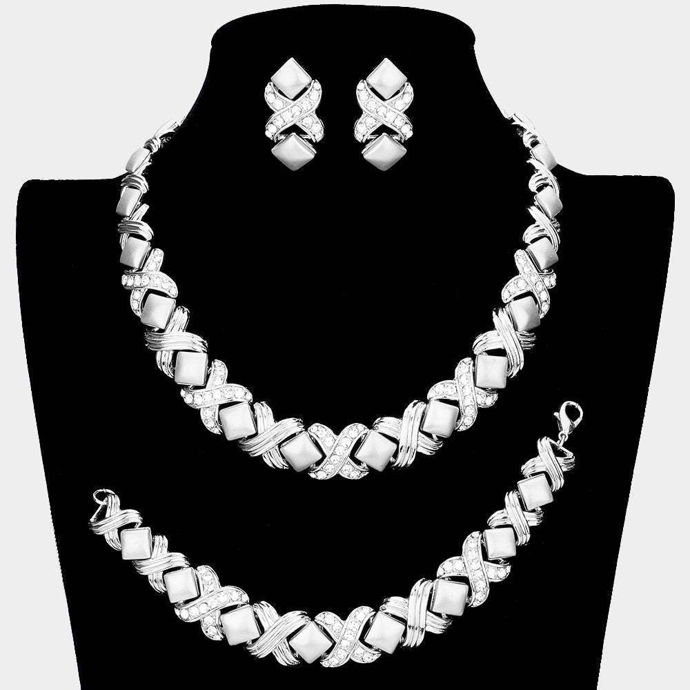 3PCS Pave Crystal Rhinestone Crisscross Necklace Jewelry Set - Madeline Love - Flyclothing LLC