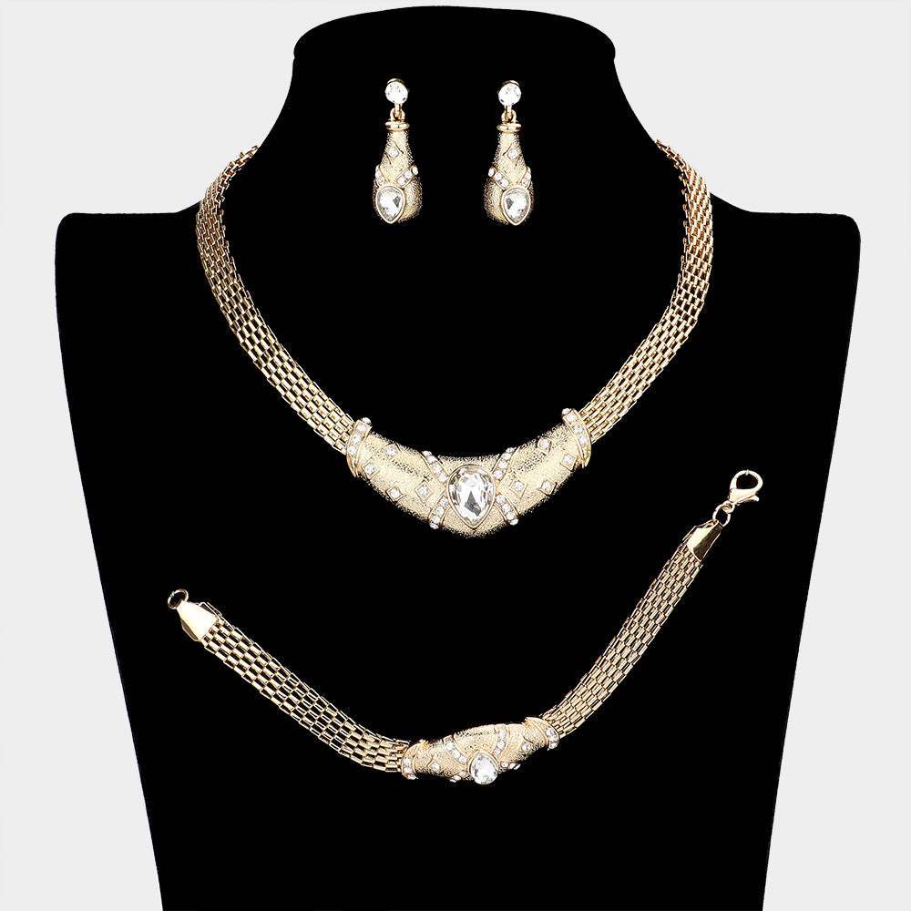 3PCS - Crystal Teardrop Accented Pendant Collar Necklace Set - Madeline Love - Flyclothing LLC