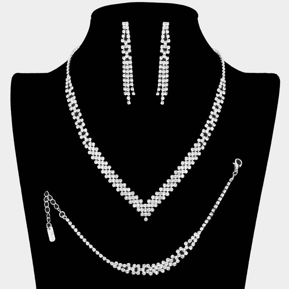 3PCS - Rhinestone Pave Dangle V Shaped Necklace Set - Madeline Love - Flyclothing LLC