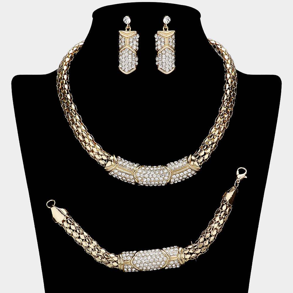 Rhinestone Pave Snake Metal Necklace Jewelry Set - Madeline Love - Flyclothing LLC