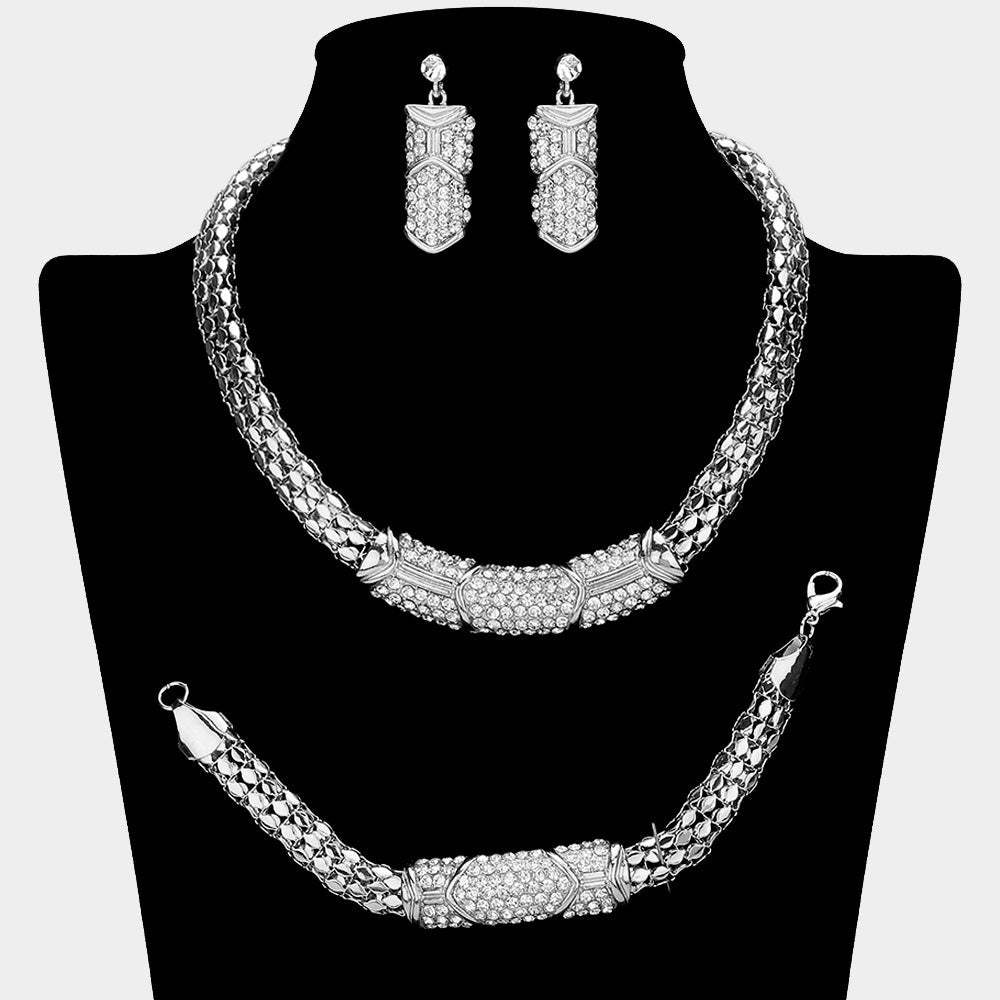 Rhinestone Pave Snake Metal Necklace Jewelry Set - Madeline Love - Flyclothing LLC