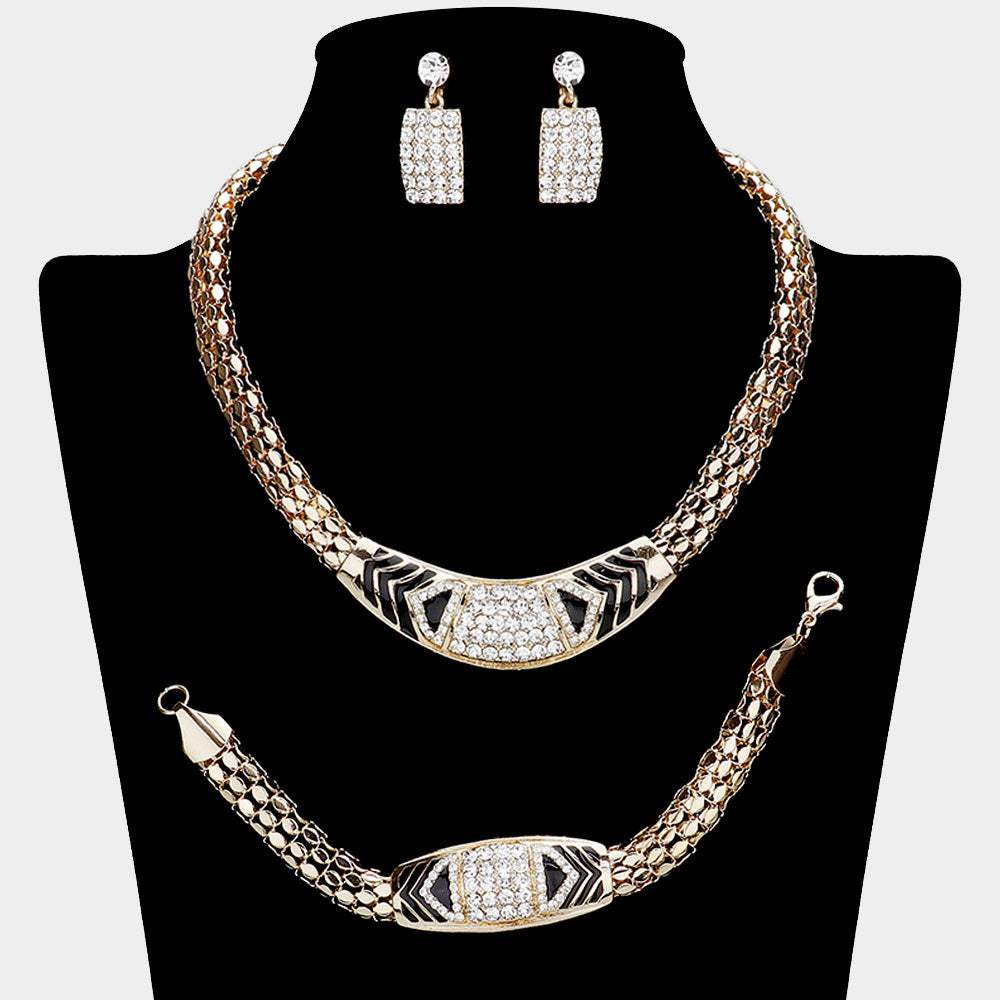 Rhinestone Pave Patterned Textured Metal Necklace Jewelry Set - Madeline Love - Flyclothing LLC