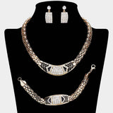 Rhinestone Pave Patterned Textured Metal Necklace Jewelry Set - Madeline Love - Flyclothing LLC