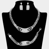 Rhinestone Pave Patterned Textured Metal Necklace Jewelry Set - Madeline Love - Flyclothing LLC