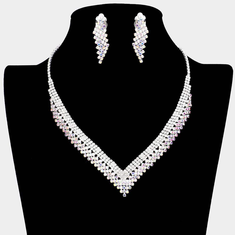 Rhinestone Paved V Shaped Necklace Clip on Earring Set - Madeline Love - Flyclothing LLC