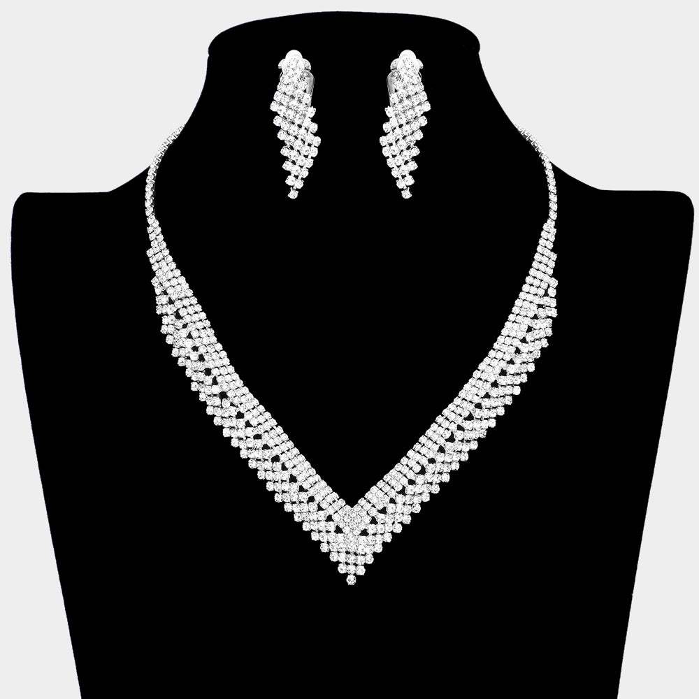 Rhinestone Paved V Shaped Necklace Clip on Earring Set - Madeline Love - Flyclothing LLC