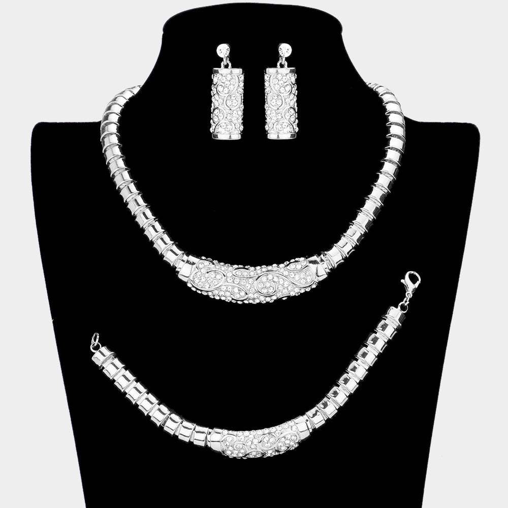 3PCS - Rhinestone Pave Metal Necklace Jewelry Set - Madeline Love - Flyclothing LLC