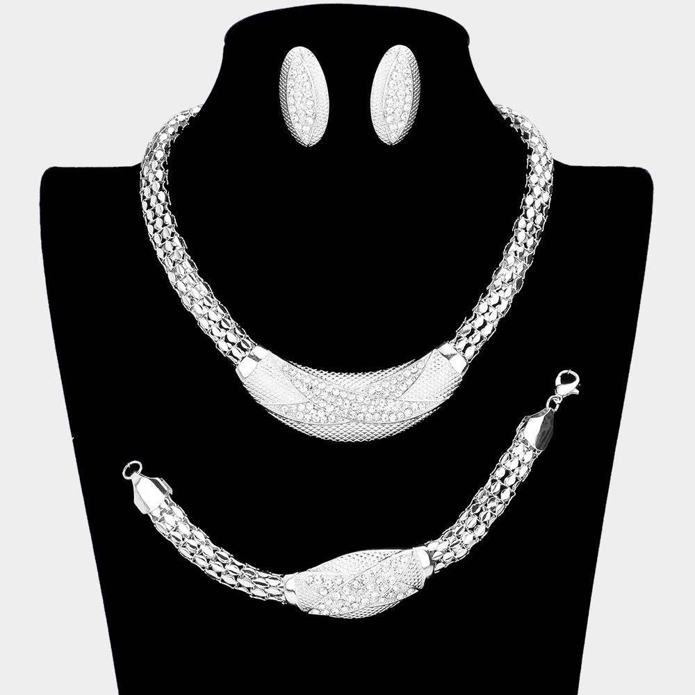 3PCS - Crystal Rhinestone Snake Chain Necklace Jewelry Set - Madeline Love - Flyclothing LLC