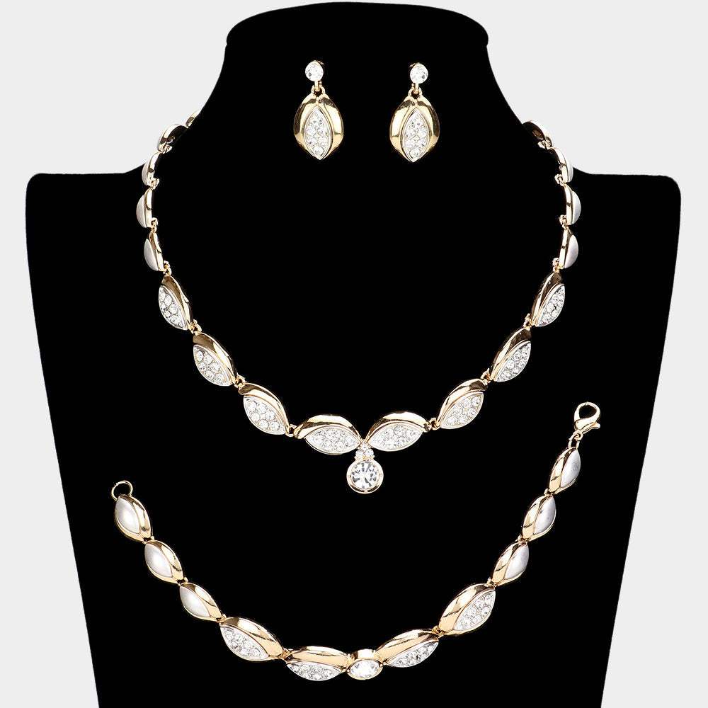 3PCS - Crystal Rhinestone Accented Marquise Necklace Jewelry Set - Madeline Love - Flyclothing LLC