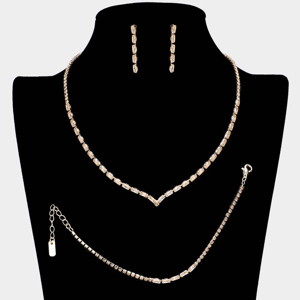 3PCS Chevron Accented Rectangle Stone Necklace Jewelry Set - Madeline Love - Flyclothing LLC