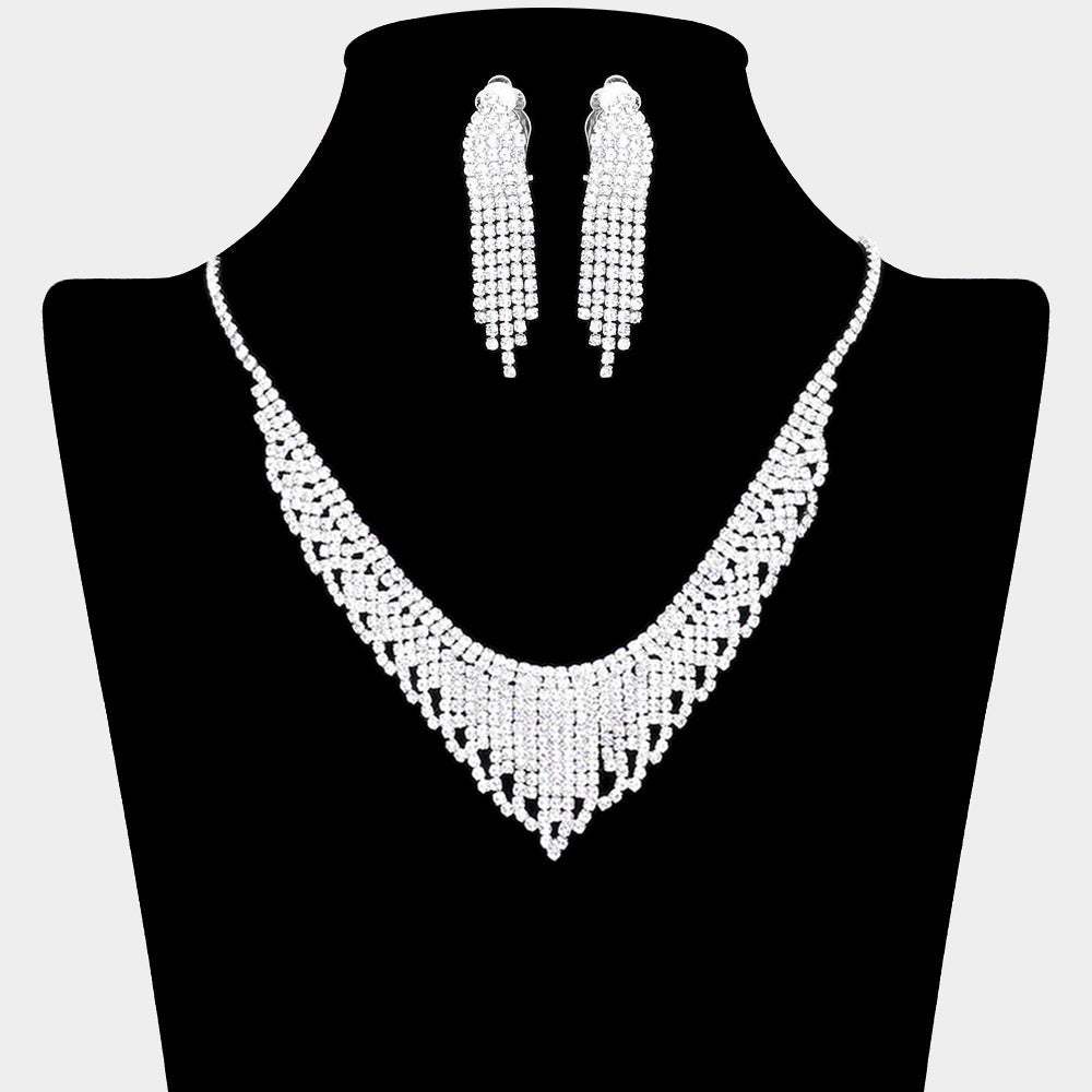 V Shaped Rhinestone Pave Necklace Clip On Earring Set - Madeline Love - Flyclothing LLC