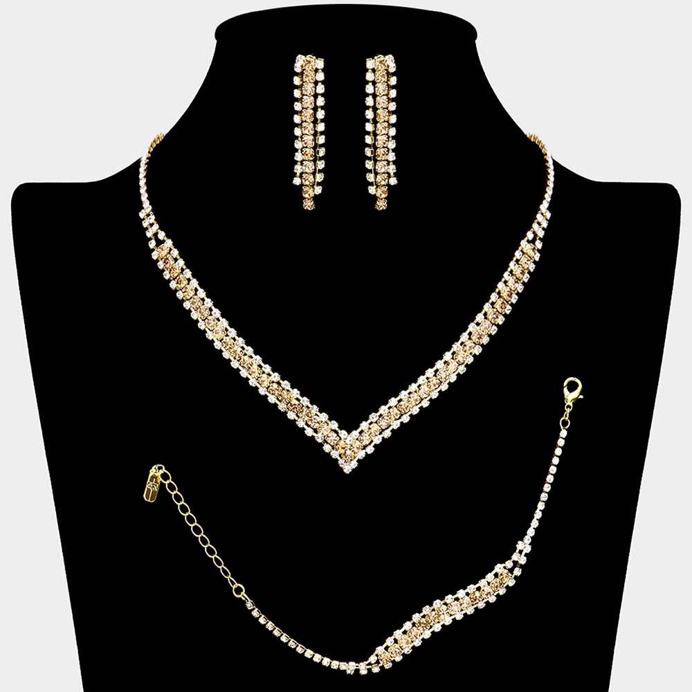 3PCS - Round Stone Detail Rhinestone Necklace Jewelry Set - Madeline Love - Flyclothing LLC