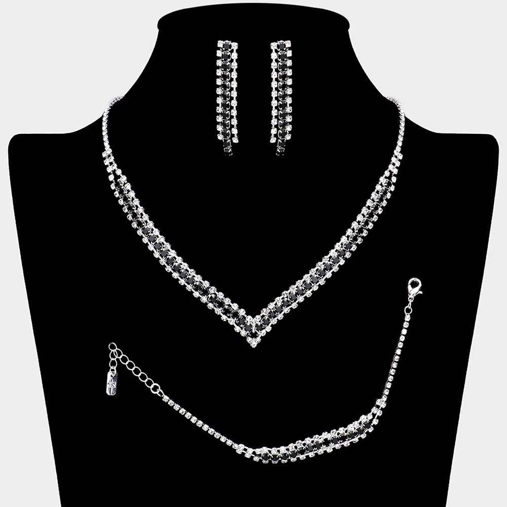 3PCS - Round Stone Detail Rhinestone Necklace Jewelry Set - Madeline Love - Flyclothing LLC