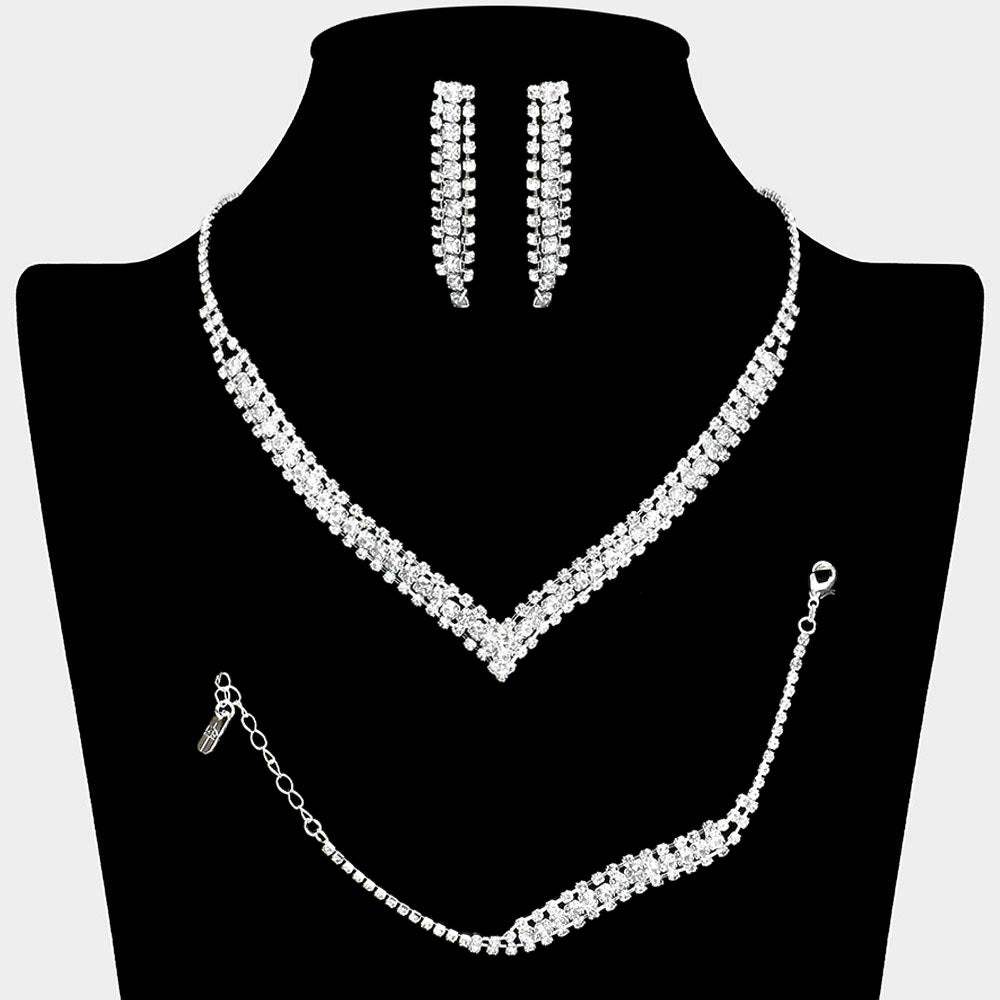 3PCS - Round Stone Detail Rhinestone Necklace Jewelry Set - Madeline Love - Flyclothing LLC