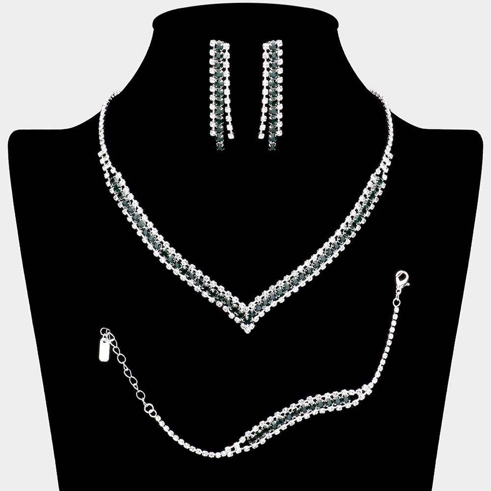 3PCS - Round Stone Detail Rhinestone Necklace Jewelry Set - Madeline Love - Flyclothing LLC