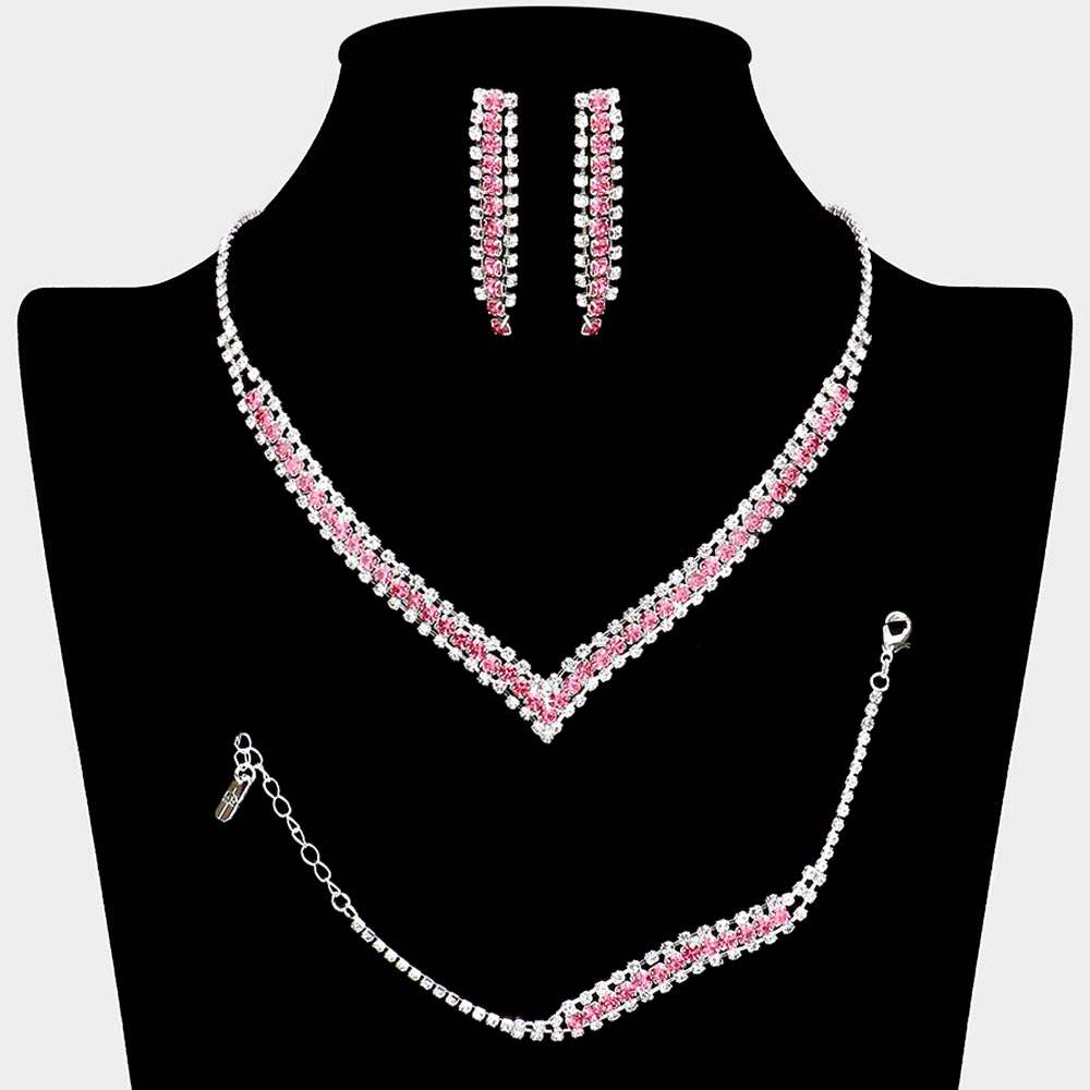 3PCS - Round Stone Detail Rhinestone Necklace Jewelry Set - Madeline Love - Flyclothing LLC